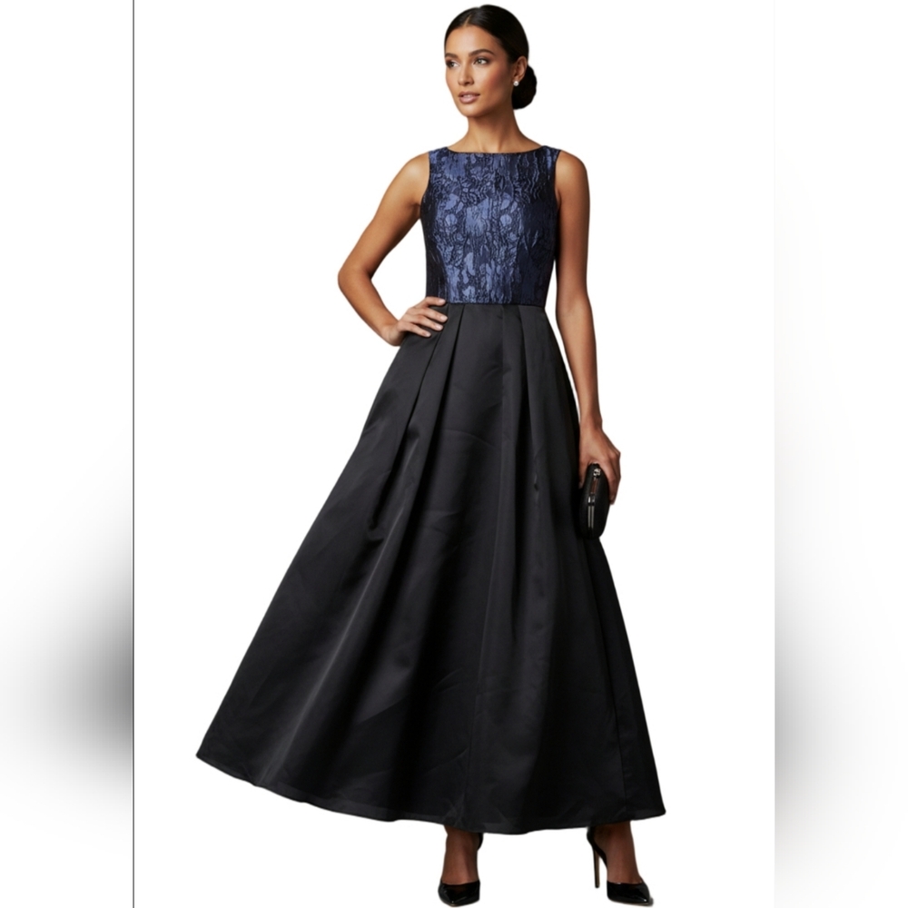 Aidan Mattox Sleveless Textuterd Organza‎ Blue and Black  Evening Gown